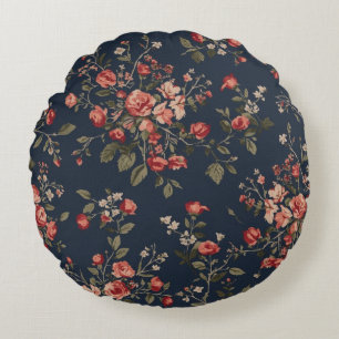 Donker marineblauw rood salie cottage bloemmotief rond kussen