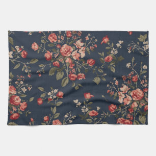 Donker marineblauw rood salie cottage bloemmotief theedoek