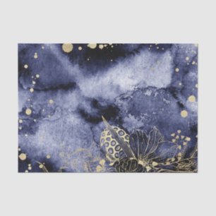 Donker marineblauw waterverf met gouden bloem 2 tissuepapier