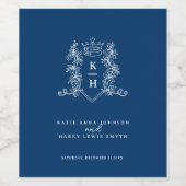 Donker marineblauw wit foto kroon monogram bruilof wijn etiket (Enkel label)