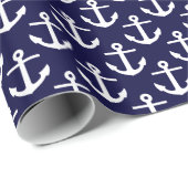 Donker marineblauw wit scheepsankerpatroon cadeaupapier (Rol Hoek)