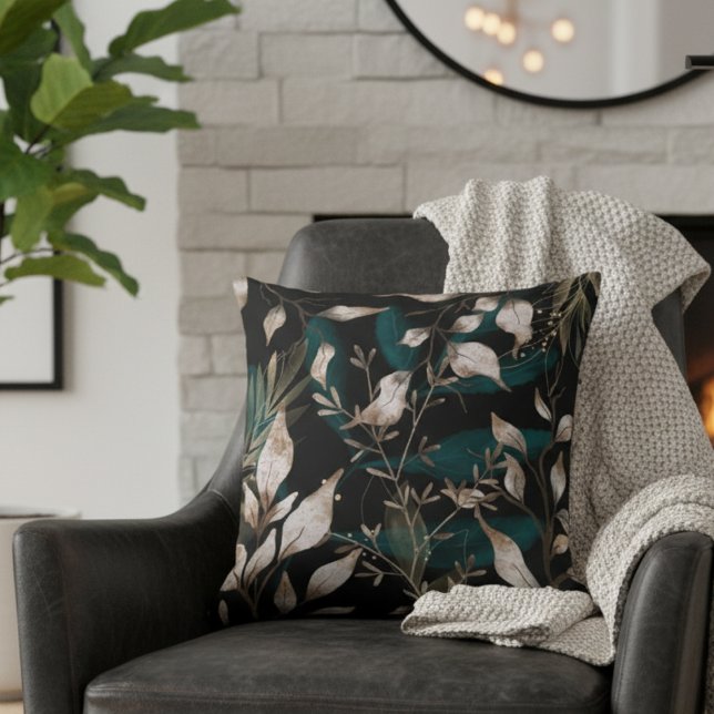 Donker Modern Boho Botanische Bladeren Kussen (Creator heeft geüpload)