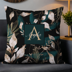 Donker Modern Boho Botanische Bladeren Monogram Kussen