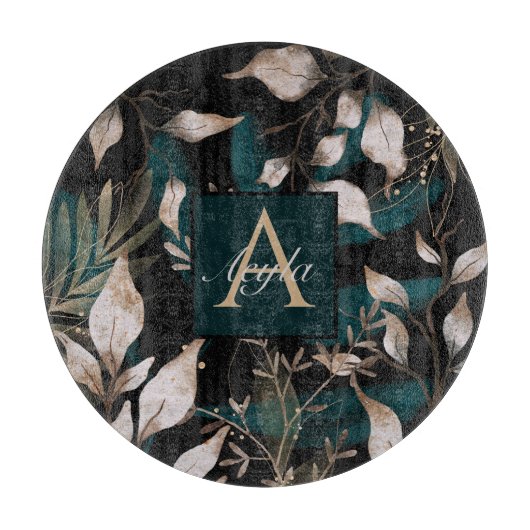 Donker Modern Boho Botanische Bladeren Monogram Snijplank (Voorkant)