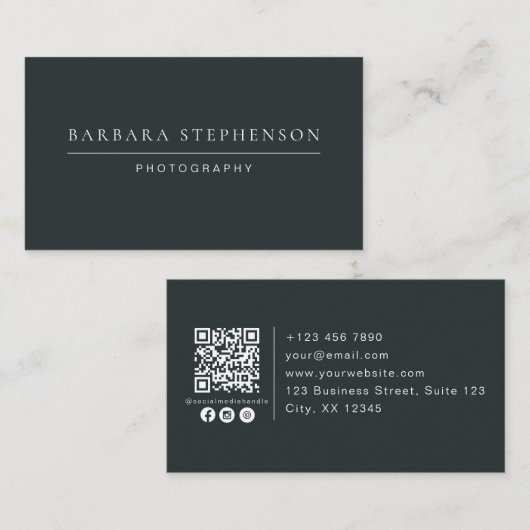 Donker modern, eenvoudig, qr code, fotografie visitekaartje (Voorkant / Achterkant)