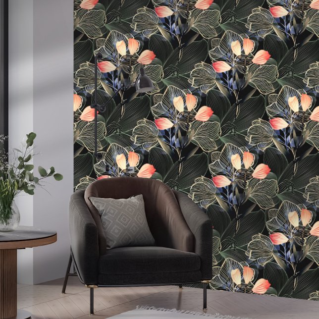 Donker Modern Elegant Boho Bloemen Zwart Behang (Creator heeft geüpload)