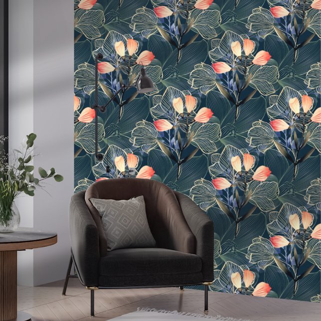 Donker Modern Elegant Boho Bloemenblauw Behang (Creator heeft geüpload)