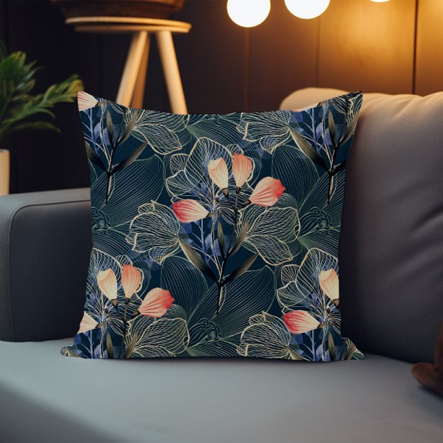Donker Modern Elegant Boho Bloemenblauw Kussen (Creator heeft geüpload)