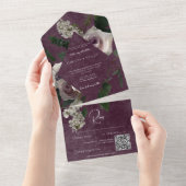 Donker Moderne Roze & Witte Bloemen Wijn QR Code All In One Uitnodiging (Afscheurbaar)