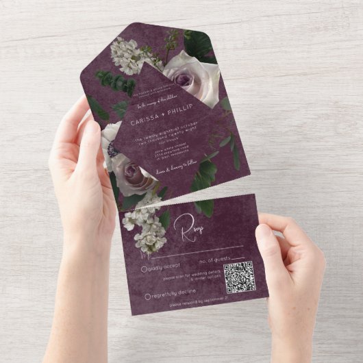 Donker Moderne Roze & Witte Bloemen Wijn QR Code All In One Uitnodiging (Afscheurbaar)