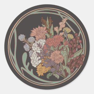 Donker & Moody Art Nouveau Bloemenboeket Ronde Sticker