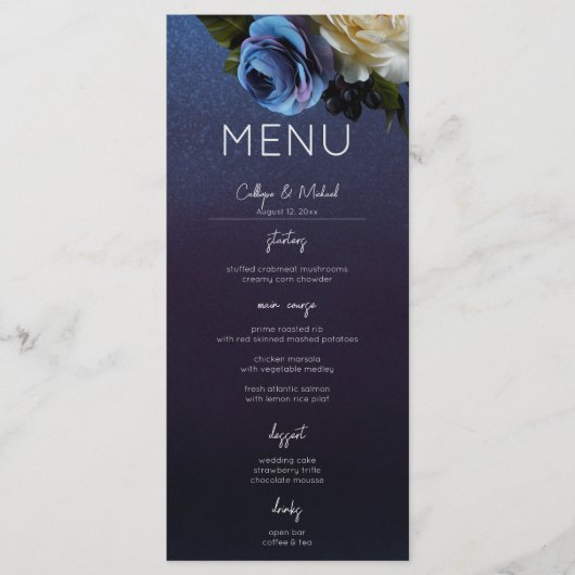Donker Moody Blauw Lavendel Bloemen Moderne bruilo Menu (Voorkant)
