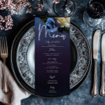 Donker Moody Blauw Lavendel Bloemen Moderne bruilo Menu<br><div class="desc">Introductie van ons prachtige huwelijksmenu dat moeiteloos moderne elegantie combineert met allure. Paars Tegen een humeurige marineblauwe achtergrond komt een zacht los boeket tot leven, met donkerblauwe, lavendel, maagdenpalm en roomwitte bloemen naast donkerblauwe paarse bessen en delicaat botanisch groen. De mix van kleuren symboliseert de rijkdom van uw reis samen,...</div>