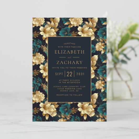 Donker Moody Bloemen Blauwgroen Goud Ivoor Zwart B Kaart (Staand voorkant)