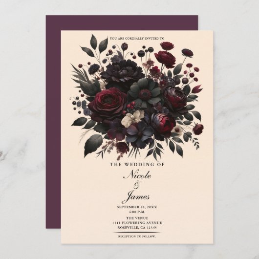 Donker Moody Bloemen Elegant Bloemen Crème Bruilof Kaart (Voorkant / Achterkant)