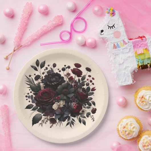 Donker Moody Bloemen Elegant Bloemen Crème Bruilof Papieren Bordje (Feest)