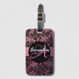 Donker Moody Bloemen op Roze Monogram Bagagelabel