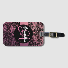 Donker Moody Bloemen op Roze Monogram Bagagelabel