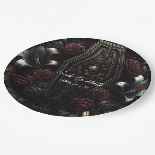 Donker Moody Bloemen Schedel Kist Gotische bruilof Papieren Bordje (Gekanteld)