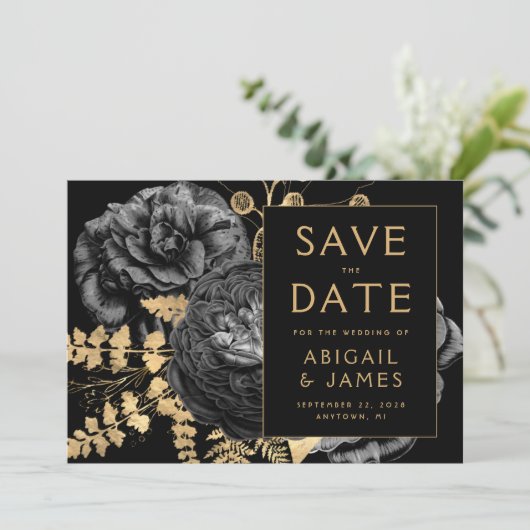 Donker Moody Bloemen Zwart Goud Trouwen Save the D Kaart (Staand voorkant)