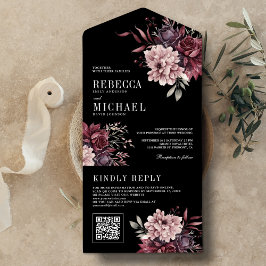 Donker Moody Bloemen Zwart QR Code Bruiloft All In One Uitnodiging