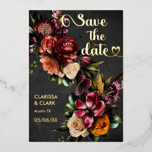 Donker Moody Bold Wild Flower Bewaar de datum Folie Uitnodiging (Voorkant)