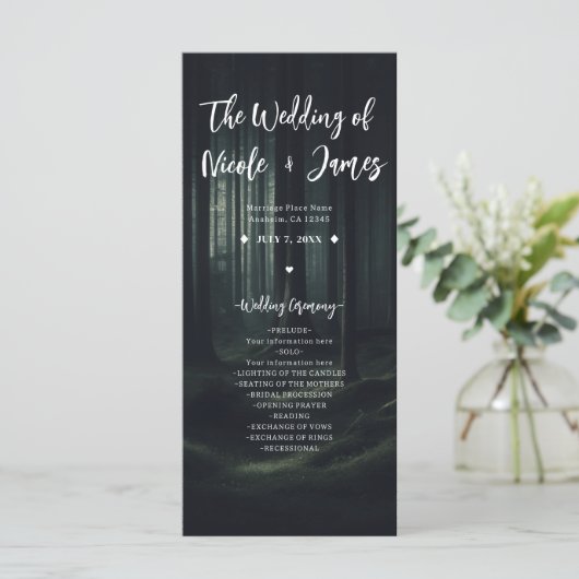 Donker Moody Bos Bomen Twilight Bruiloft Programma Programmakaart (Staand voorkant)