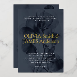 Donker Moody Botanische Overlay Blauw Bruiloft Gou Folie Uitnodiging