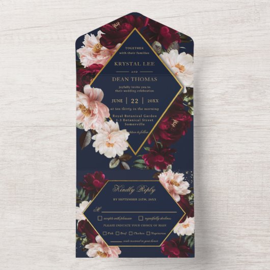 Donker Moody Bourgogne Blush Navy Blauw Bloemen Br All In One Uitnodiging (Binnen)