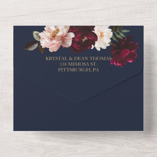 Donker Moody Bourgogne Blush Navy Blauw Bloemen Br All In One Uitnodiging (Achterkant)