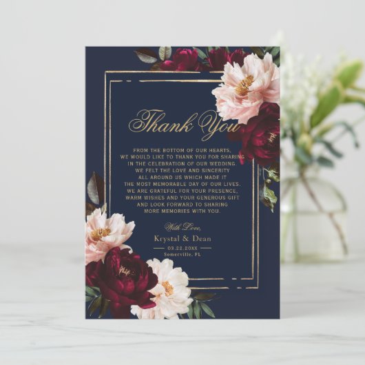 Donker Moody Bourgogne Blush Navy Blauw Bloemen Br Bedankkaart (Staand voorkant)