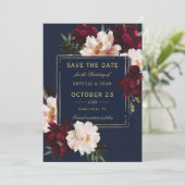Donker Moody Bourgogne Blush Navy Blauw Bloemen Br Save The Date (Staand voorkant)