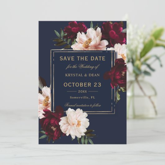 Donker Moody Bourgogne Blush Navy Blauw Bloemen Br Save The Date (Staand voorkant)