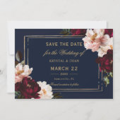 Donker Moody Bourgogne Blush Navy Blauw Bloemen Br Save The Date (Voorkant)