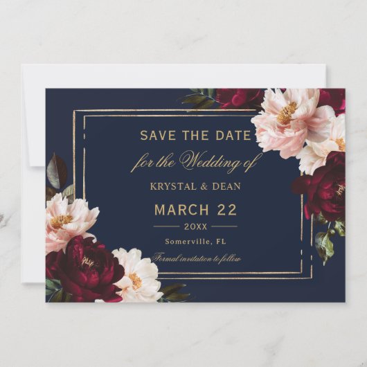 Donker Moody Bourgogne Blush Navy Blauw Bloemen Br Save The Date (Voorkant)