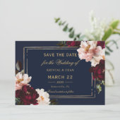 Donker Moody Bourgogne Blush Navy Blauw Bloemen Br Save The Date (Staand voorkant)