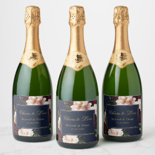 Donker Moody Bourgogne Blush Navy Blauw Bloemen Br Sparkling Wijnetiket