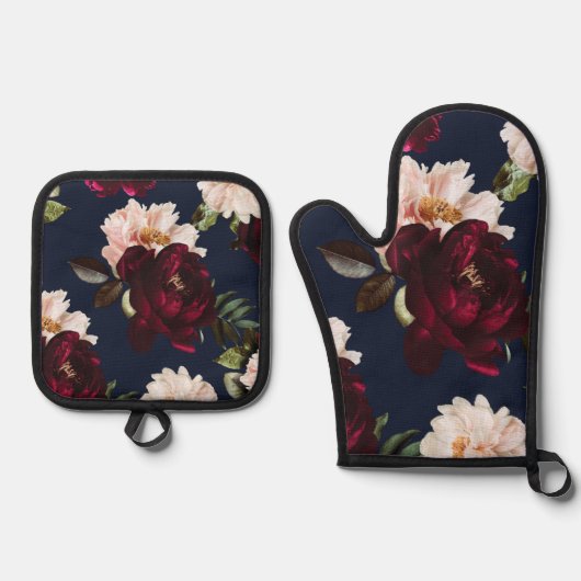 Donker Moody Bourgogne Blush Peony Bloemen Navy Bl Ovenwant & Pannenlap Set (Voorkant)
