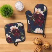 Donker Moody Bourgogne Blush Peony Bloemen Navy Bl Ovenwant & Pannenlap Set (Top down)