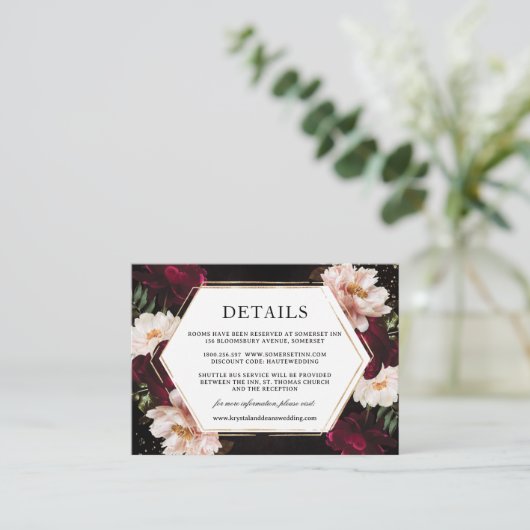 Donker Moody Bourgogne Blush Pioenen Bloemen Bruil Informatiekaartje (Staand voorkant)