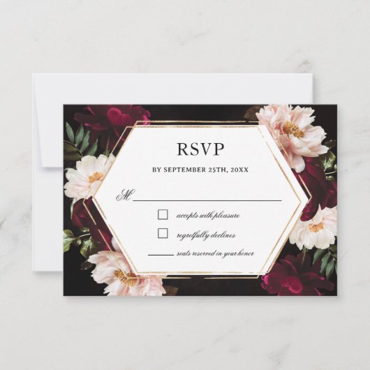Donker Moody Bourgogne Blush Pioenen Bloemen Bruil RSVP Kaartje (Voorkant)