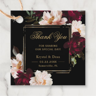 Donker Moody Bourgogne Blush Zwart Bloemen Bruilof Bedankjes Labels