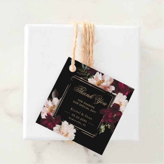 Donker Moody Bourgogne Blush Zwart Bloemen Bruilof Bedankjes Labels (In situ)