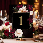 Donker Moody Bourgogne Blush Zwart Bloemen Bruilof Kaart<br><div class="desc">Personaliseer moeiteloos dit elegante nummer van de trouwtafel met slechts een paar klikken. Gebruik de knop "Bewerken met ontwerpgereedschappen" om de tekst aan te passen, lettertypen te wijzigen en lettertypekleuren aan te passen aan uw thema. Dit ontwerp is voorzien van prachtige, realistische bordeauxrode en blozende pioenroos bloemen tegen een verfijnde...</div>