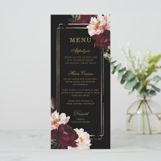 Donker Moody Bourgogne Blush Zwart Bloemen Bruilof Menu (Staand voorkant)