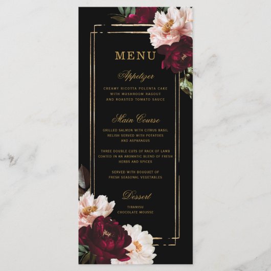 Donker Moody Bourgogne Blush Zwart Bloemen Bruilof Menu (Voorkant)