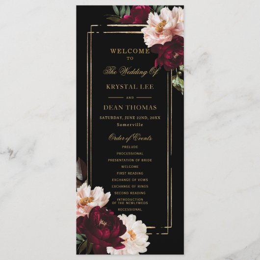 Donker Moody Bourgogne Blush Zwart Bloemen Bruilof Programmakaart (Voorkant)