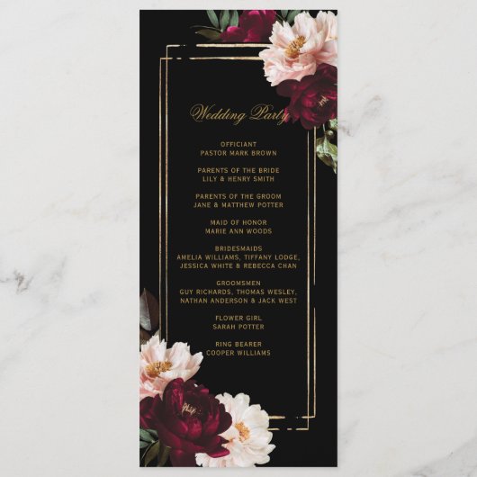 Donker Moody Bourgogne Blush Zwart Bloemen Bruilof Programmakaart (Achterkant)