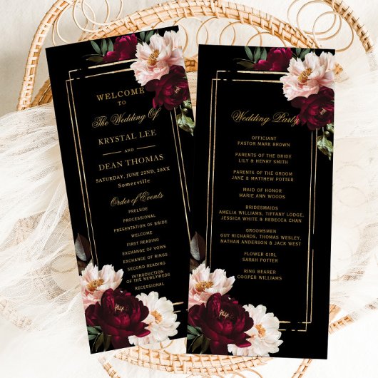 Donker Moody Bourgogne Blush Zwart Bloemen Bruilof Programmakaart