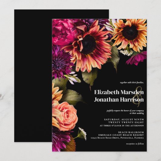 Donker Moody Bourgogne Geel Bloemen Boho Zwart Kaart (Voorkant / Achterkant)